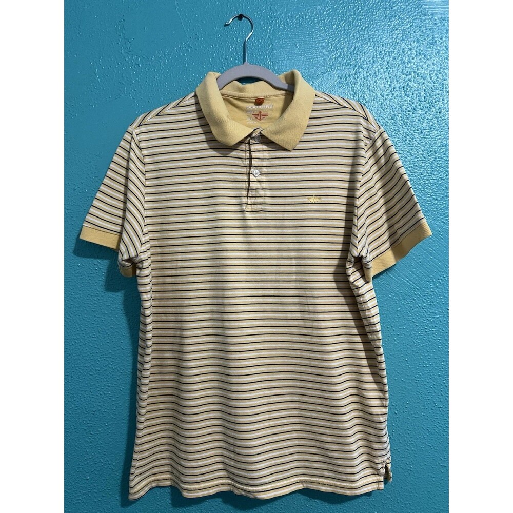 Men Dockers Polo Shirt, Size L, Yellow and Blue Stripes 100% Cotton